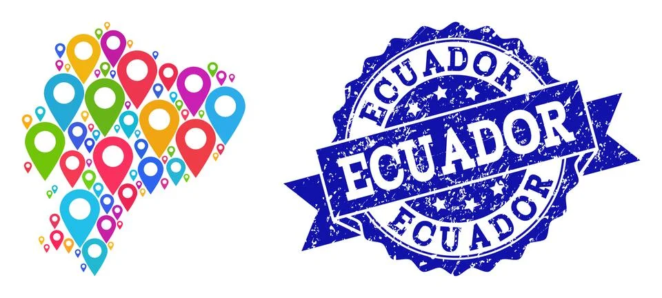 Collage Map of Ecuador with Map Pointers and Grunge Stamp イラスト素材