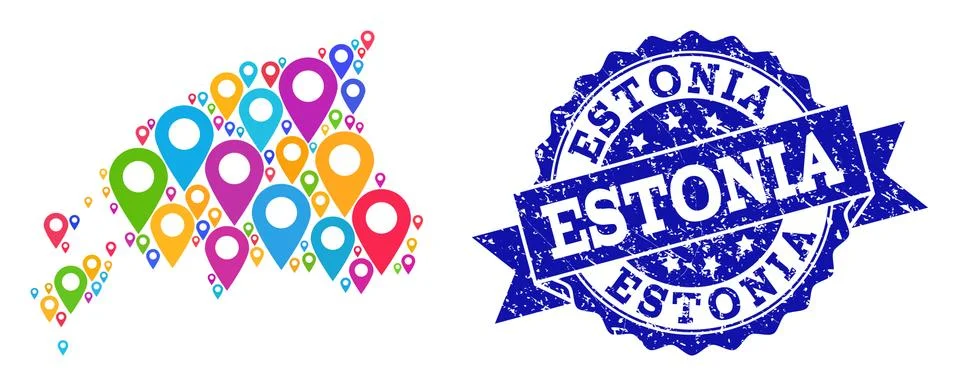 Collage Map of Estonia with Map Pointers and Grunge Seal Illustrazione stock