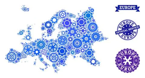 Collage Map of Europe with Cogs and Grunge Stamps for Services Stock Illustration