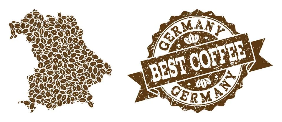 Collage Map of Germany with Coffee Beans and Grunge Stamp Stock Illustration