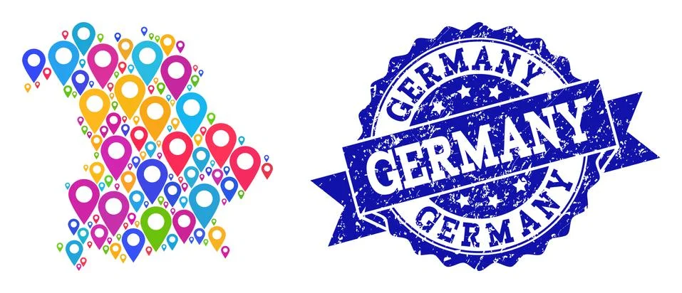 Collage Map of Germany with Map Pointers and Distress Stamp Stock Illustration