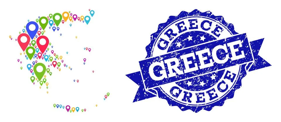 Collage Map of Greece with Map Pointers and Grunge Stamp Stock Illustration