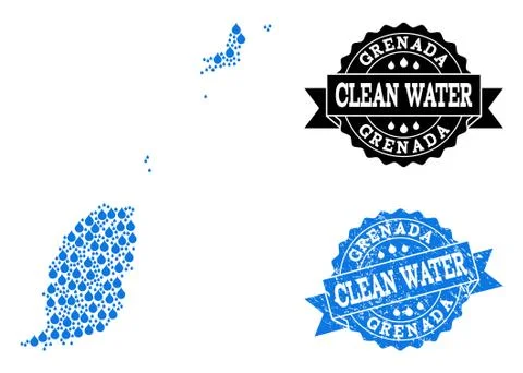 Collage Map of Grenada Islands with Water Dews and Grunge Stamp Seal Stock Illustration
