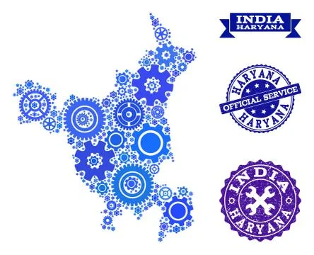 Collage Map of Haryana State with Cogs and Rubber Stamps for Service Stock Illustration