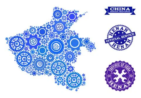 Collage Map of Henan Province with Cogs and Rubber Stamps for Service Stock Illustration
