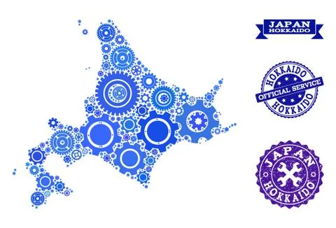 Collage Map of Hokkaido Island with Cogs and Rubber Stamps for Service Stock Illustration