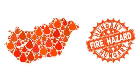 Collage of Map of Hungary Burning and Fire Hazard Grunge Stamp Seal Stock Illustration