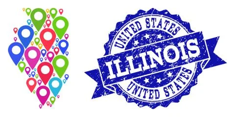 Collage Map of Illinois State with Map Pointers and Scratched Seal Illustrazione stock