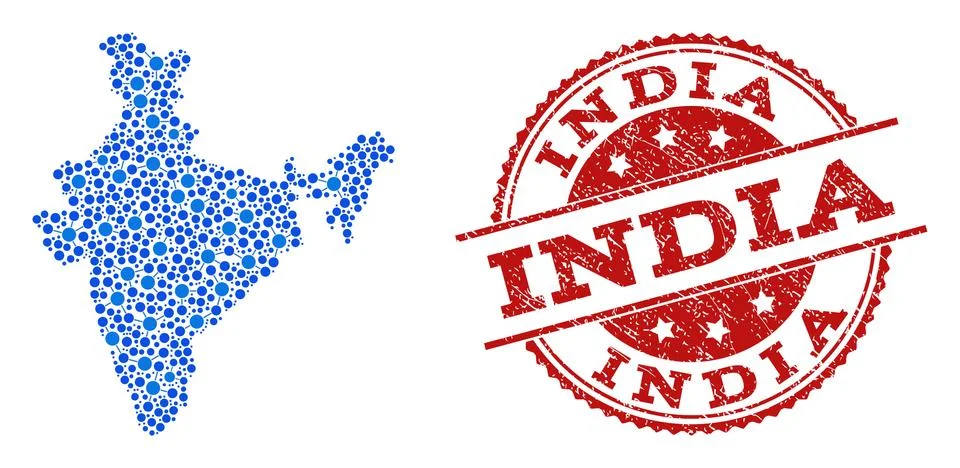 Collage Map of India with Connected Circles and Scratched Seal Stock Illustration