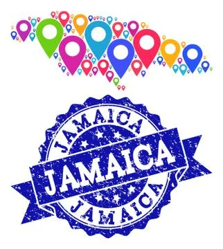 Collage Map of Jamaica with Map Pointers and Grunge Seal Illustrazione stock