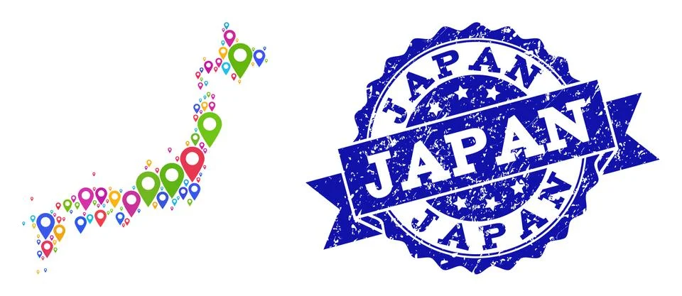 Collage Map of Japan with Map Pointers and Scratched Seal イラスト素材