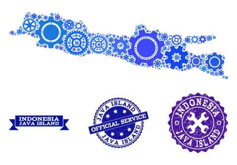 Collage Map of Java Island with Gears and Rubber Seals for Services Illustration