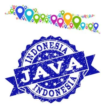 Collage Map of Java Island with Map Pointers and Scratched Stamp Stock Illustration