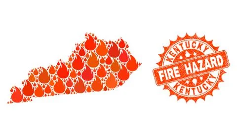 Collage of Map of Kentucky State Burning and Fire Hazard Grunge Stamp Seal 스톡 일러스트
