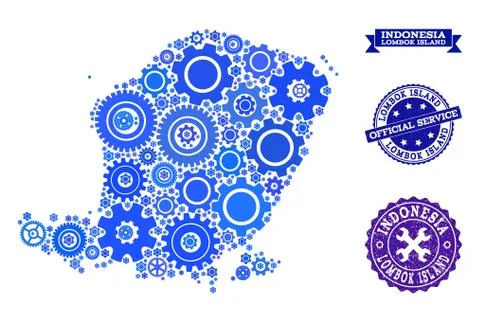 Collage Map of Lombok Island with Cogs and Grunge Stamps for Service Stock Illustration