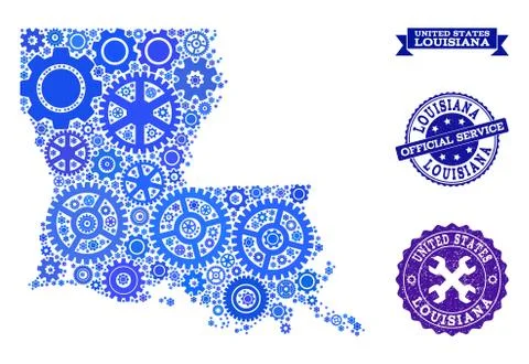 Collage Map of Louisiana State with Cogs and Rubber Seals for Service Stock Illustration