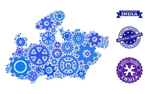 Collage Map of Madhya Pradesh State with Gears and Rubber Stamps for Services Stock Illustration