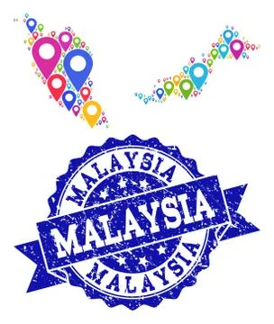 Collage Map of Malaysia with Map Pointers and Textured Seal Illustrazione stock