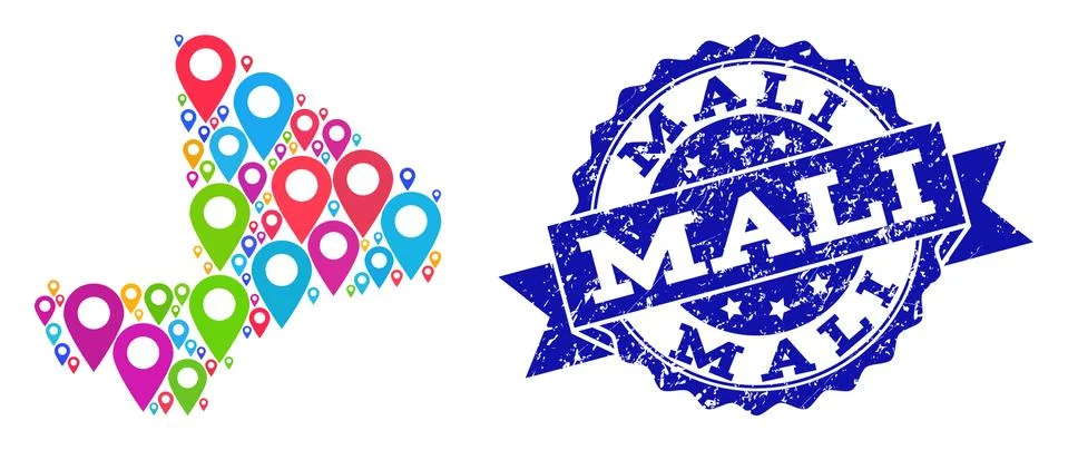 Collage Map of Mali with Map Pointers and Distress Stamp Illustrazione stock