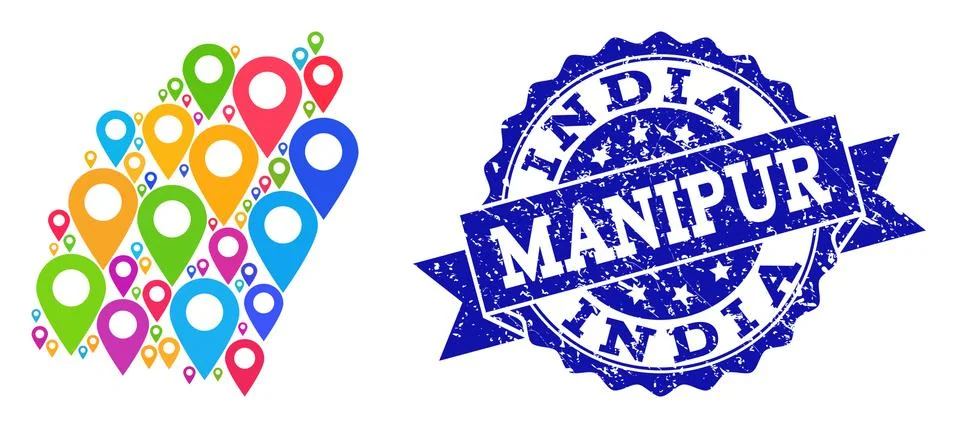 Collage Map of Manipur State with Map Pointers and Textured Stamp Stock Illustration