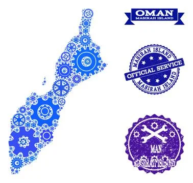 Collage Map of Masirah Island with Cogs and Grunge Stamps for Service Stock Illustration