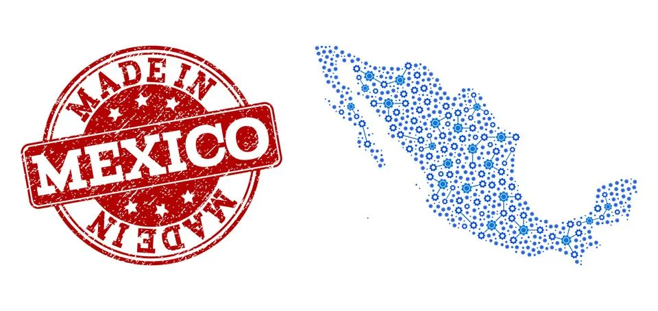 Collage Map of Mexico with Engine Integration and Made In Grunge Stamp Stock Illustration