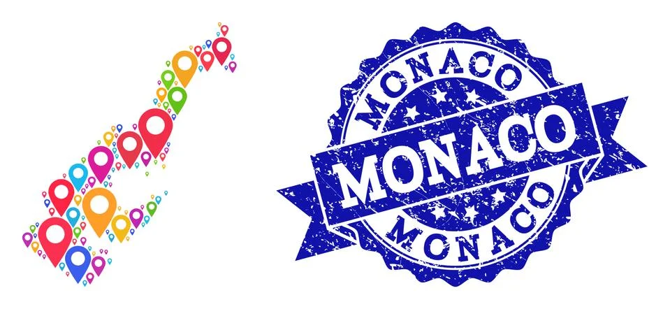 Collage Map of Monaco with Map Pointers and Scratched Stamp 스톡 일러스트