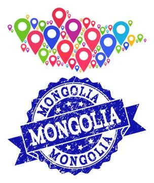 Collage Map of Mongolia with Map Pointers and Textured Seal イラスト素材