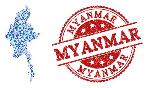 Collage Map of Myanmar with Connected Points and Grunge Stamp イラスト素材