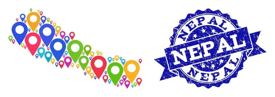 Collage Map of Nepal with Map Pointers and Scratched Seal Illustrazione stock