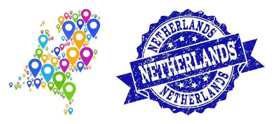 Collage Map of Netherlands with Map Pointers and Scratched Seal Stock Illustration