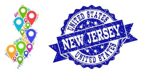 Collage Map of New Jersey State with Map Pointers and Textured Seal 스톡 일러스트