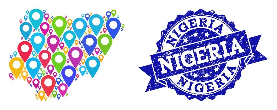 Collage Map of Nigeria with Map Pointers and Distress Seal イラスト素材