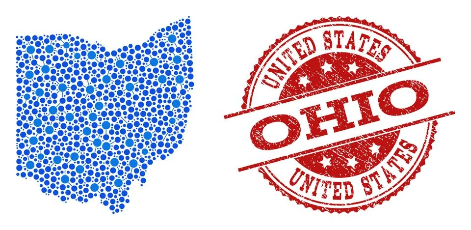 Collage Map of Ohio State with Connected Points and Textured Stamp Illustrazione stock