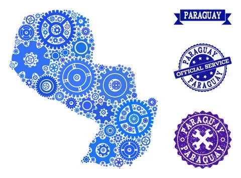 Collage Map of Paraguay with Gear Wheels and Grunge Stamps for Services 库存插图
