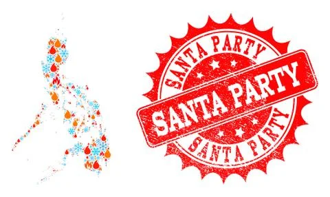 Collage Map of Philippines of Fire and Snow and Santa Party Scratched Stamp 스톡 일러스트