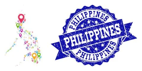 Collage Map of Philippines with Map Pointers and Scratched Seal Stock Illustration