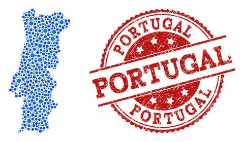 Collage Map of Portugal with Linked Points and Grunge Seal 스톡 일러스트