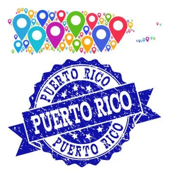 Collage Map of Puerto Rico with Map Pointers and Distress Seal Illustrazione stock
