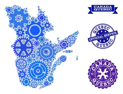 Collage Map of Quebec Province with Gears and Rubber Stamps for Services Stock Illustration