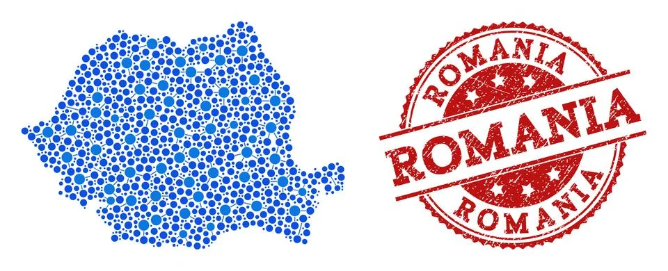 Collage Map of Romania with Linked Circles and Textured Seal Ilustración de archivo