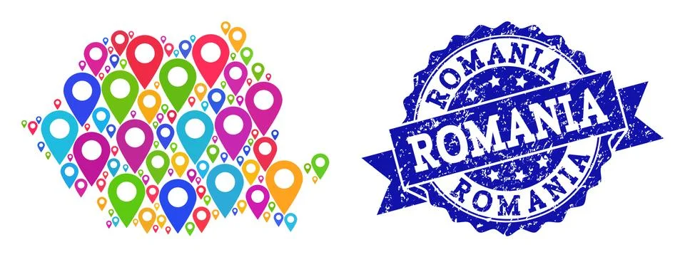 Collage Map of Romania with Map Pointers and Distress Seal Stock Illustration
