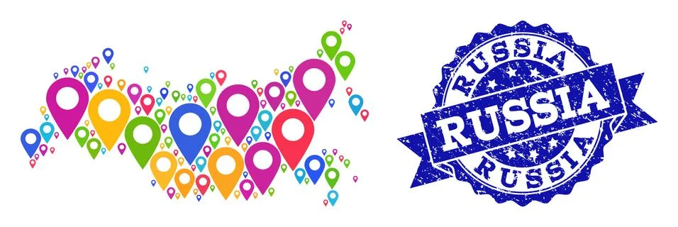 Collage Map of Russia with Map Pointers and Grunge Stamp Stock Illustration