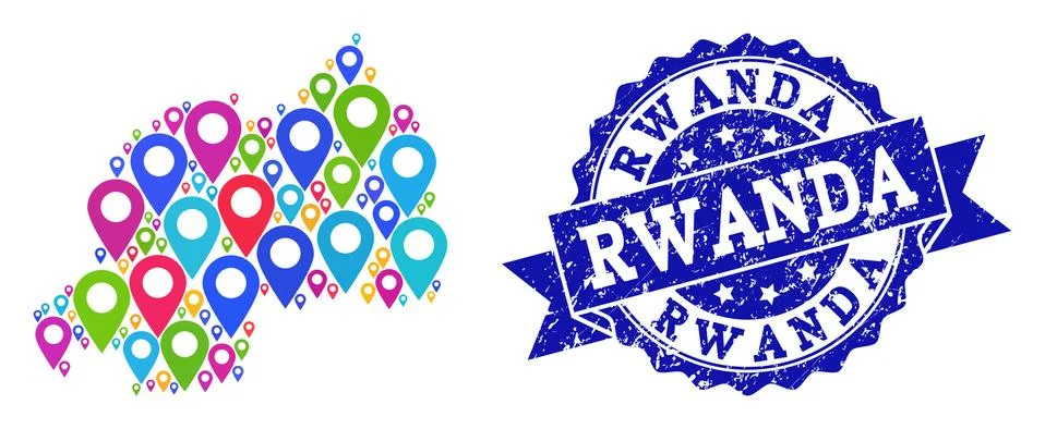 Collage Map of Rwanda with Map Pointers and Textured Seal Stock Illustration