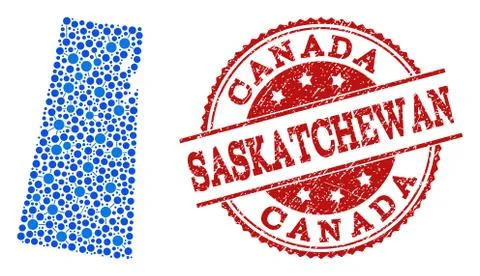 Collage Map of Saskatchewan Province with Linked Points and Distress Seal Illustrazione stock