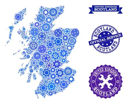 Collage Map of Scotland with Cogs and Grunge Stamps for Service Stock Illustration