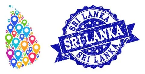 Collage Map of Sri Lanka with Map Pointers and Scratched Seal Illustrazione stock