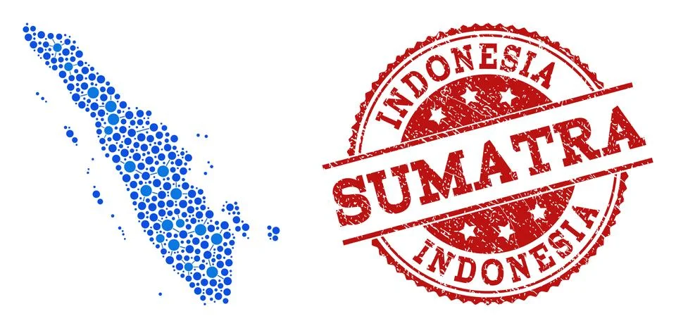 Collage Map of Sumatra Island with Connected Points and Scratched Seal 스톡 일러스트