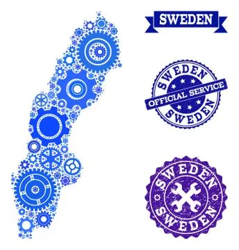 Collage Map of Sweden with Cogs and Grunge Seals for Services Stock Illustration