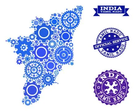 Collage Map of Tamil Nadu State with Cogs and Rubber Stamps for Services Stock Illustration